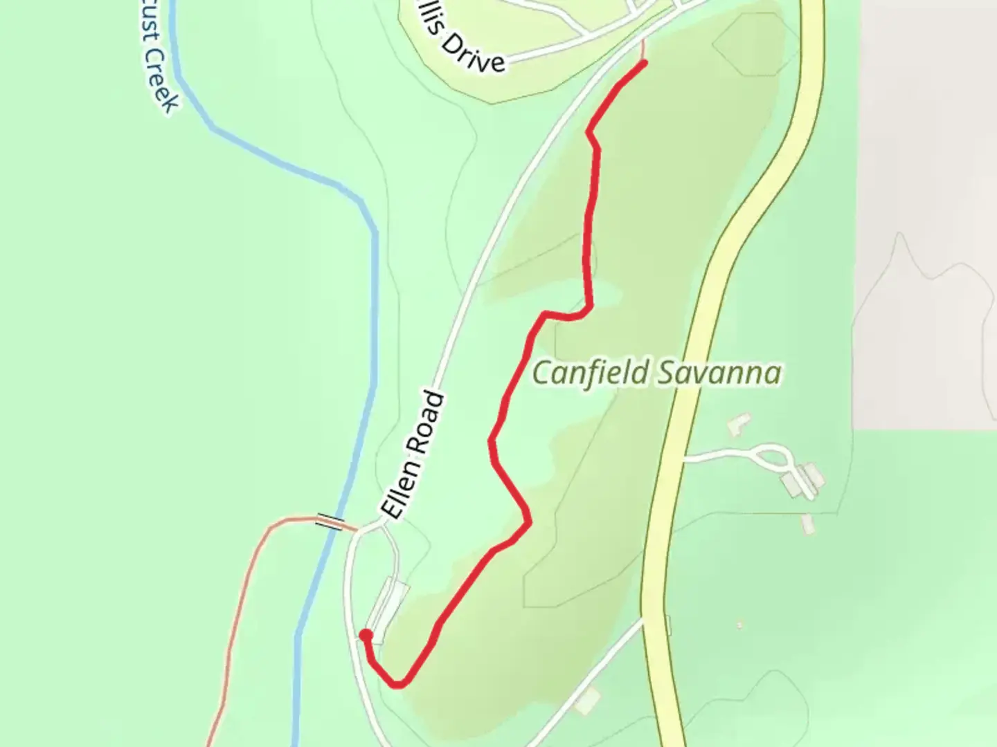 An image depicting the trail Canfield Savanna Trail and its surrounding area.