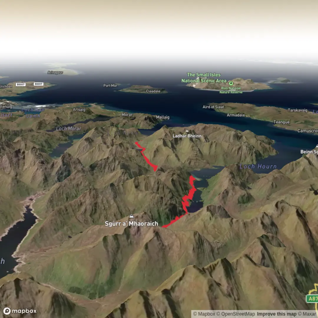 An image depicting the trail Kinlochhourn - Inverie and its surrounding area.