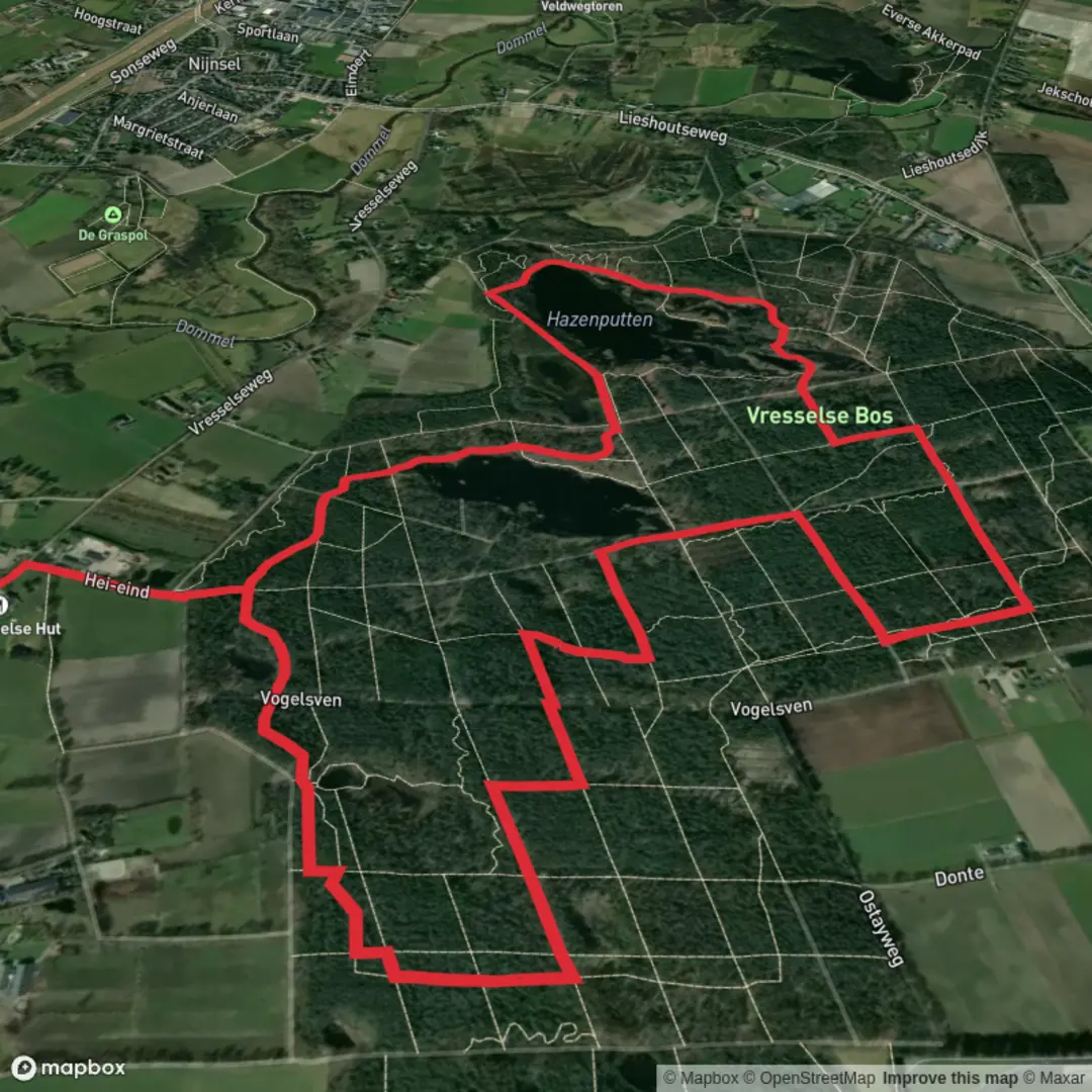 An image depicting the trail Hazenputten and Vresselse Bos Loop and its surrounding area.