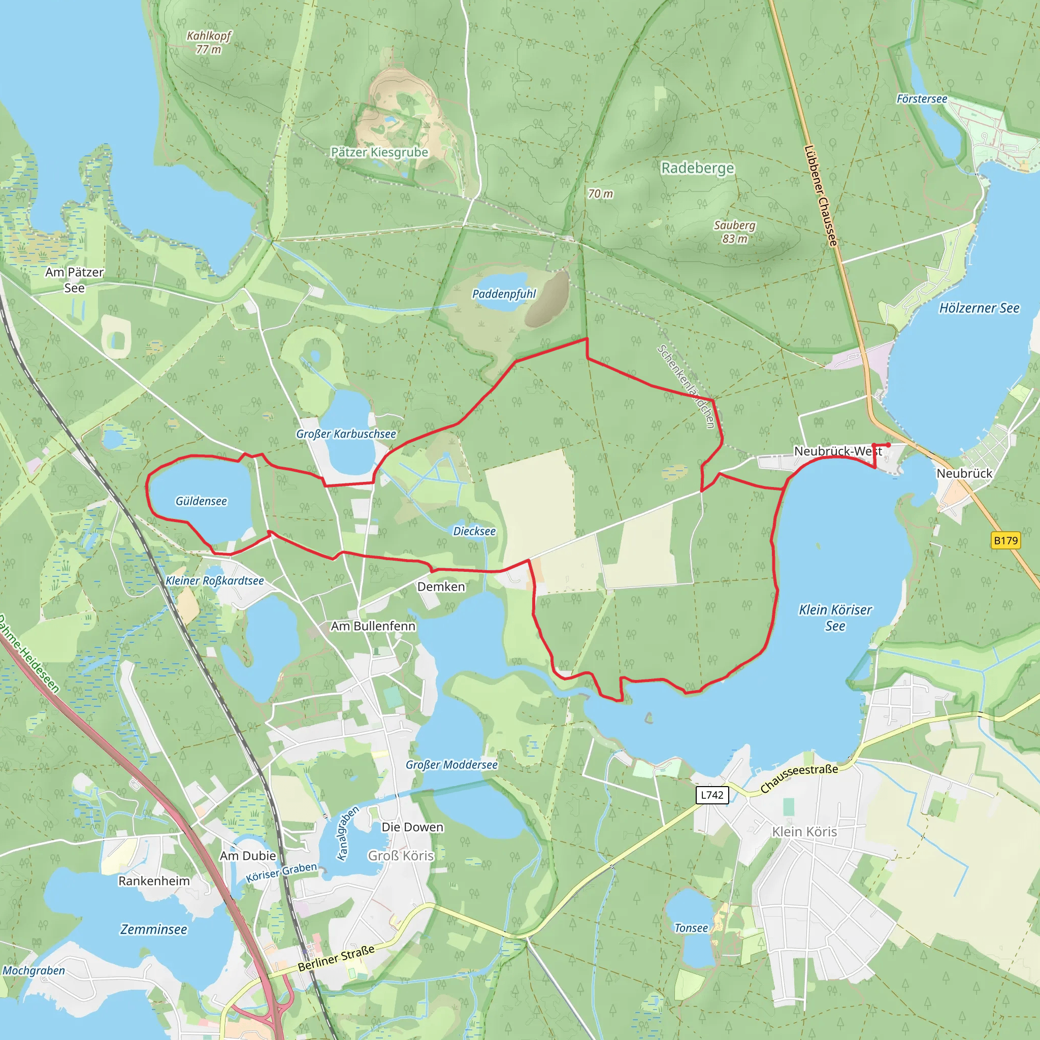 Wilhelminenhofer Weg, Güldensee and Großer Karbuschsee Loop mobile static map