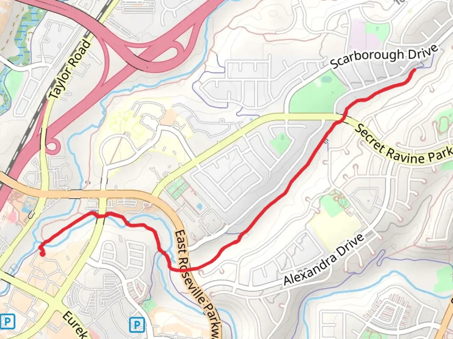 An image depicting the trail Miner's Ravine and False Ravine Trail from Eureka Road and its surrounding area.