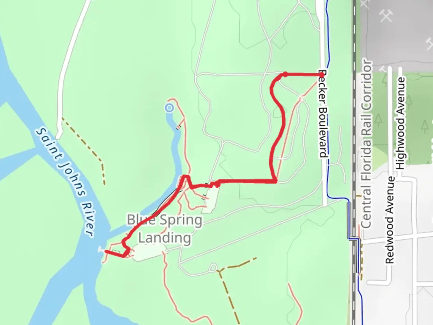 An image depicting the trail Blue Springs Run and its surrounding area.