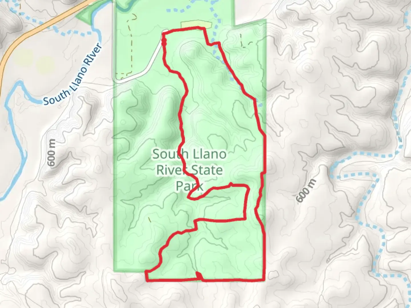 An image depicting the trail South Llano River State Park Loop via Mid canyon Trail and Fawn Trail and its surrounding area.