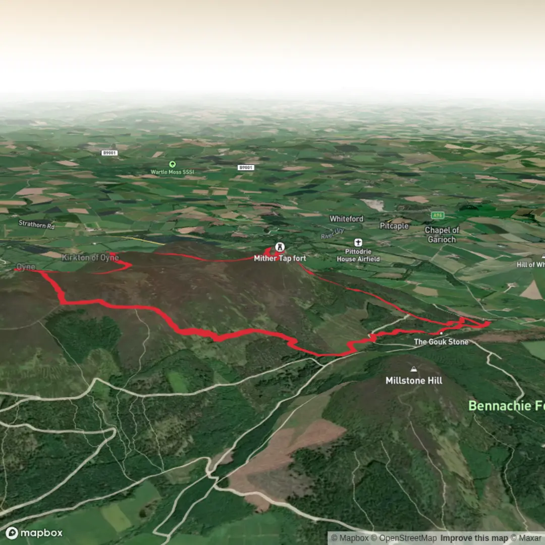 An image depicting the trail Bennachie 3 peak loop and its surrounding area.