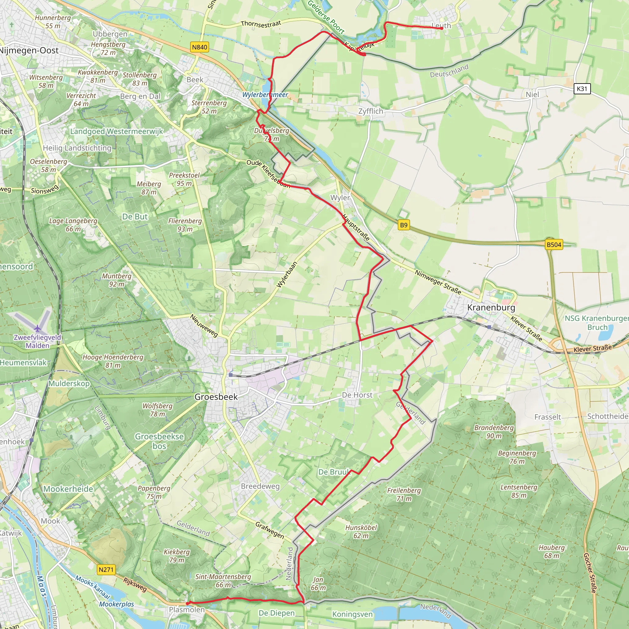 Leuth to Plasmolen via Wylerbergmeer, Duivelsberg and Ruine Romeinse Villa mobile static map