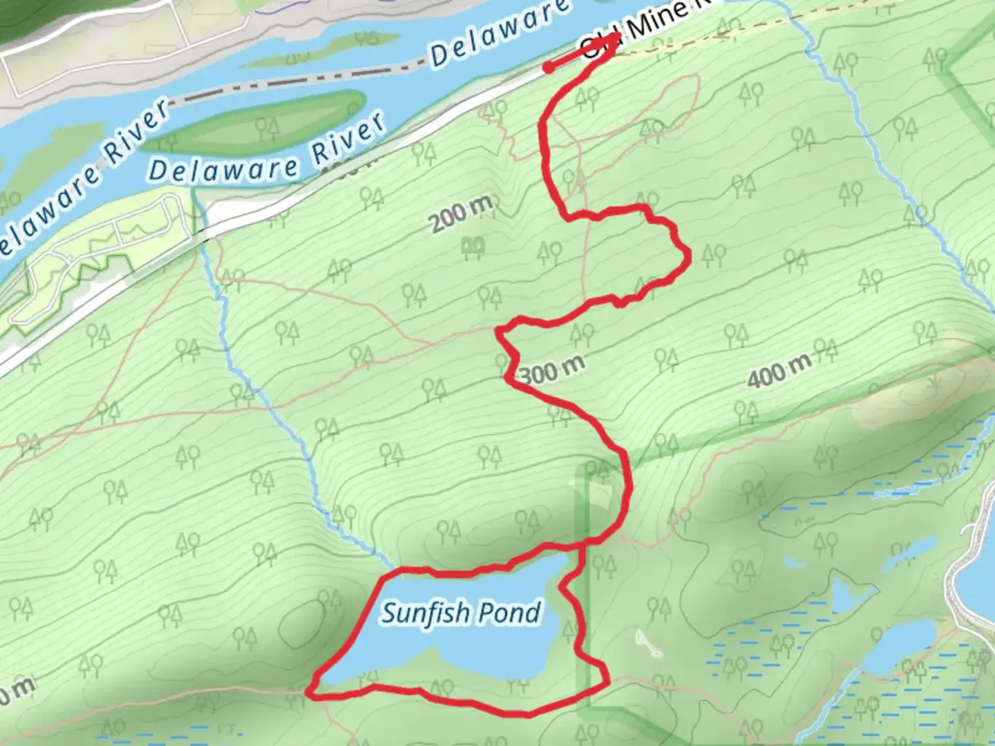 An image depicting the trail Sunfish Pond via Rockcores Trail, Garvey Springs Trail and Appalachian Trail and its surrounding area.