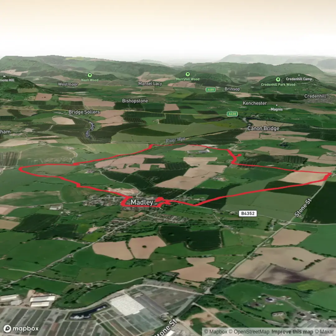 An image depicting the trail Swinmoor Cottage Madley Loop - Upper Limits UK and its surrounding area.