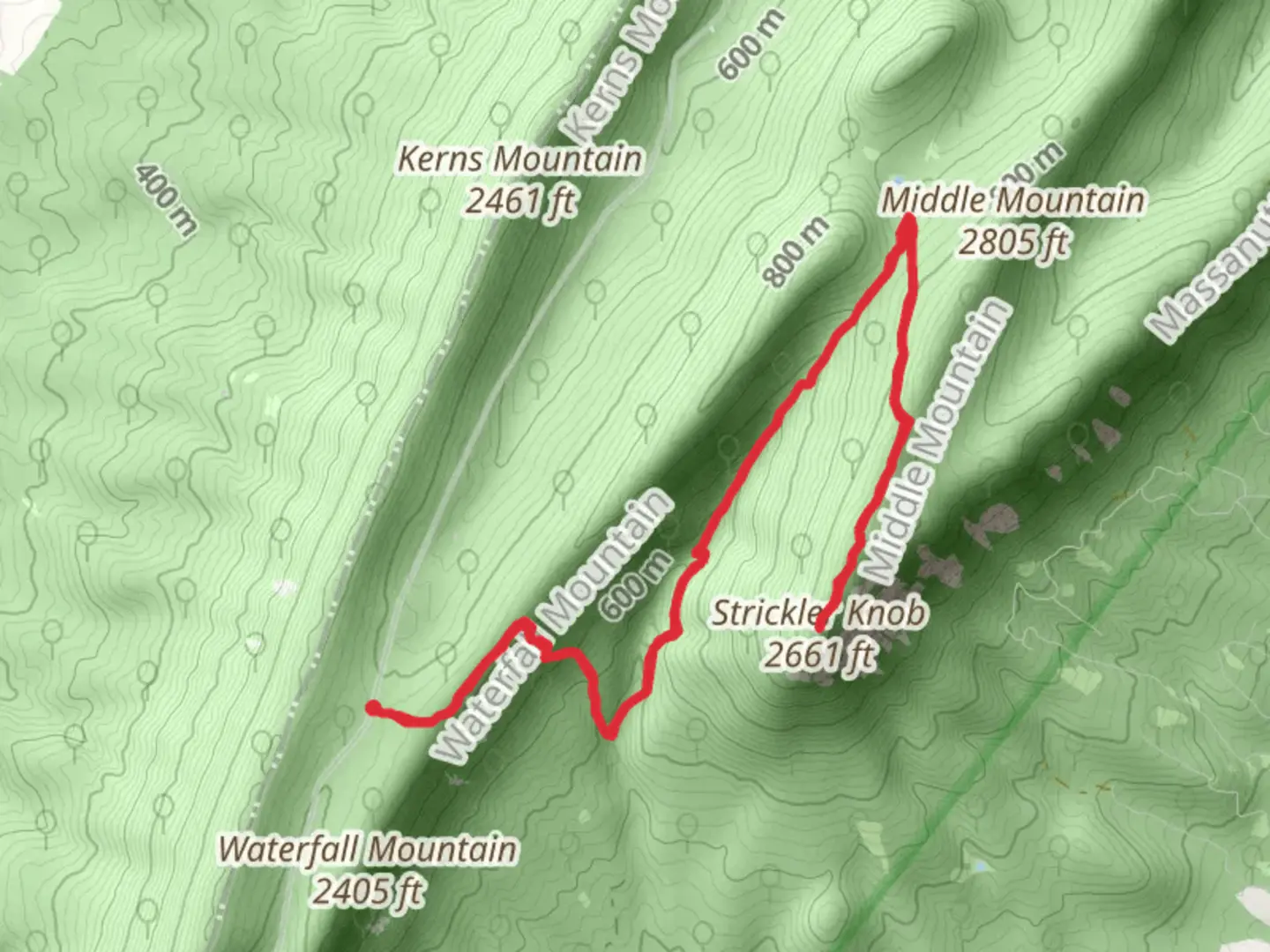 An image depicting the trail Strickler Knob via Massanutten Trail and its surrounding area.