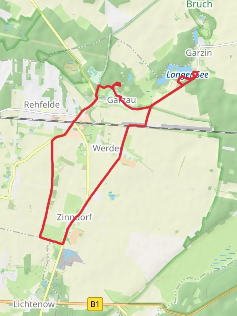 An image depicting the trail Rehfelde Loop via Langer See and its surrounding area.