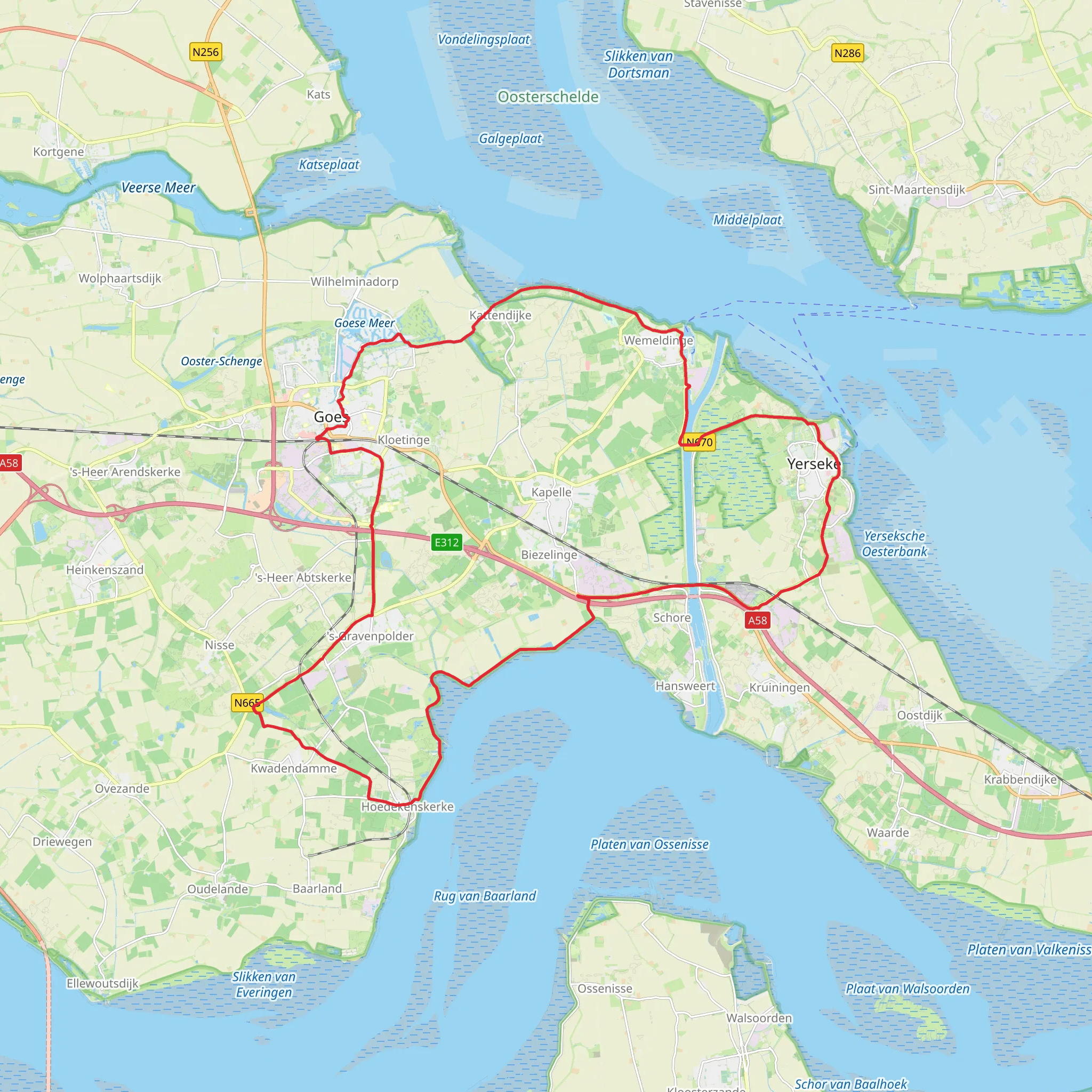 Het Goese Meer, Yerseksche and Westerschelde via Postweg and Schoorkenszandweg mobile static map