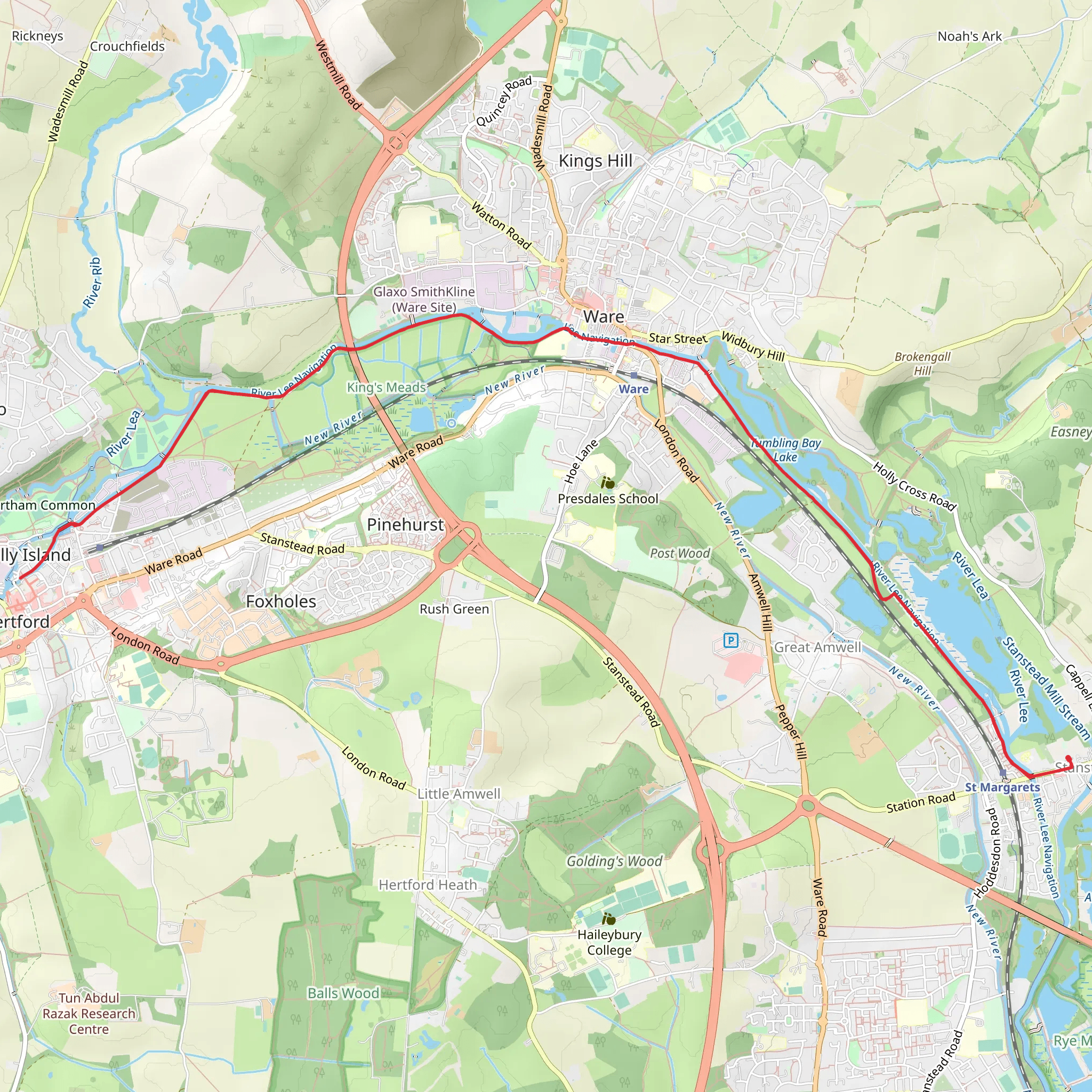 King's Meads and River Lee Navigation via Hertfordshire Way mobile static map