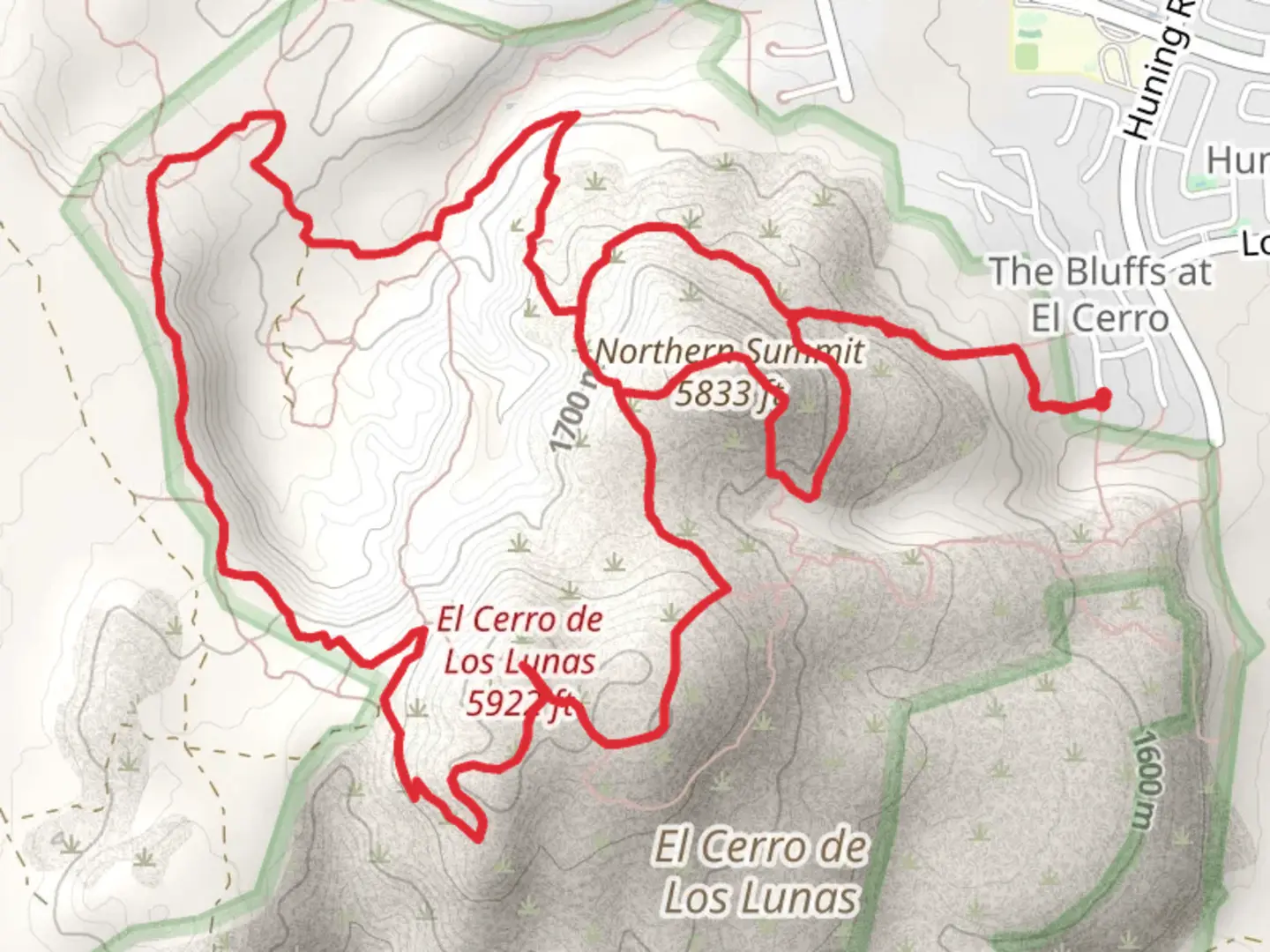 An image depicting the trail Overlook, El Cerro de Los Lunas and Northern Summit Loop Trail and its surrounding area.