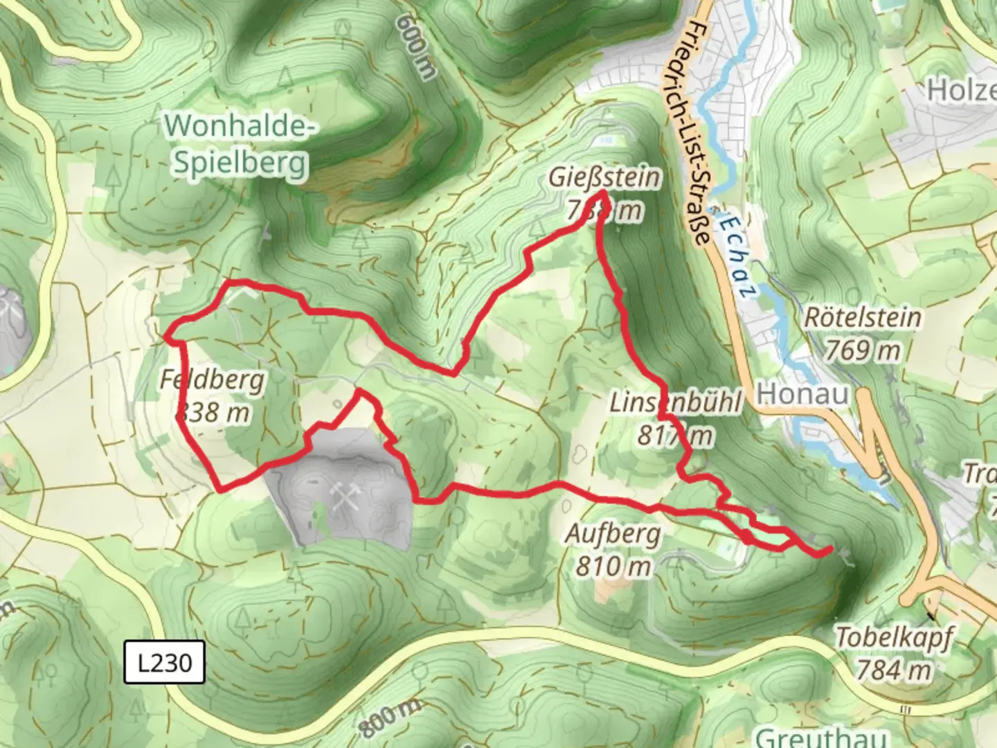 An image depicting the trail Gießstein and Linsenbuehl via Hochgehtraeumt and its surrounding area.