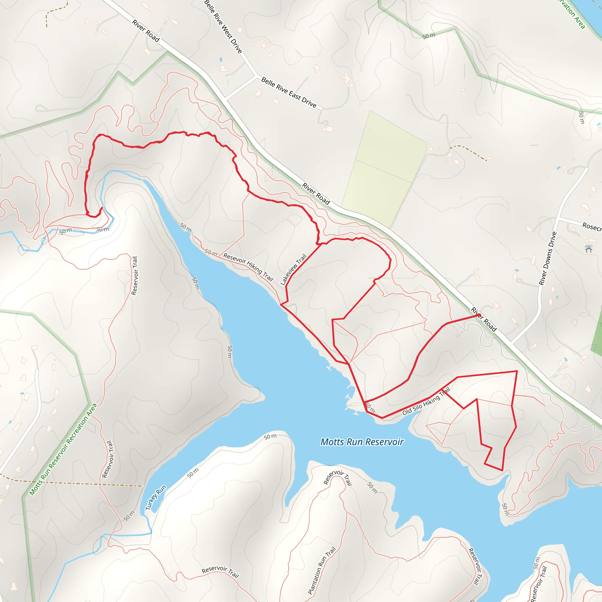 Motts Run Reservoir - Old Silo Hiking Trail,Turkey Ridge Hiking Trail and Lakeview Trail mobile static map