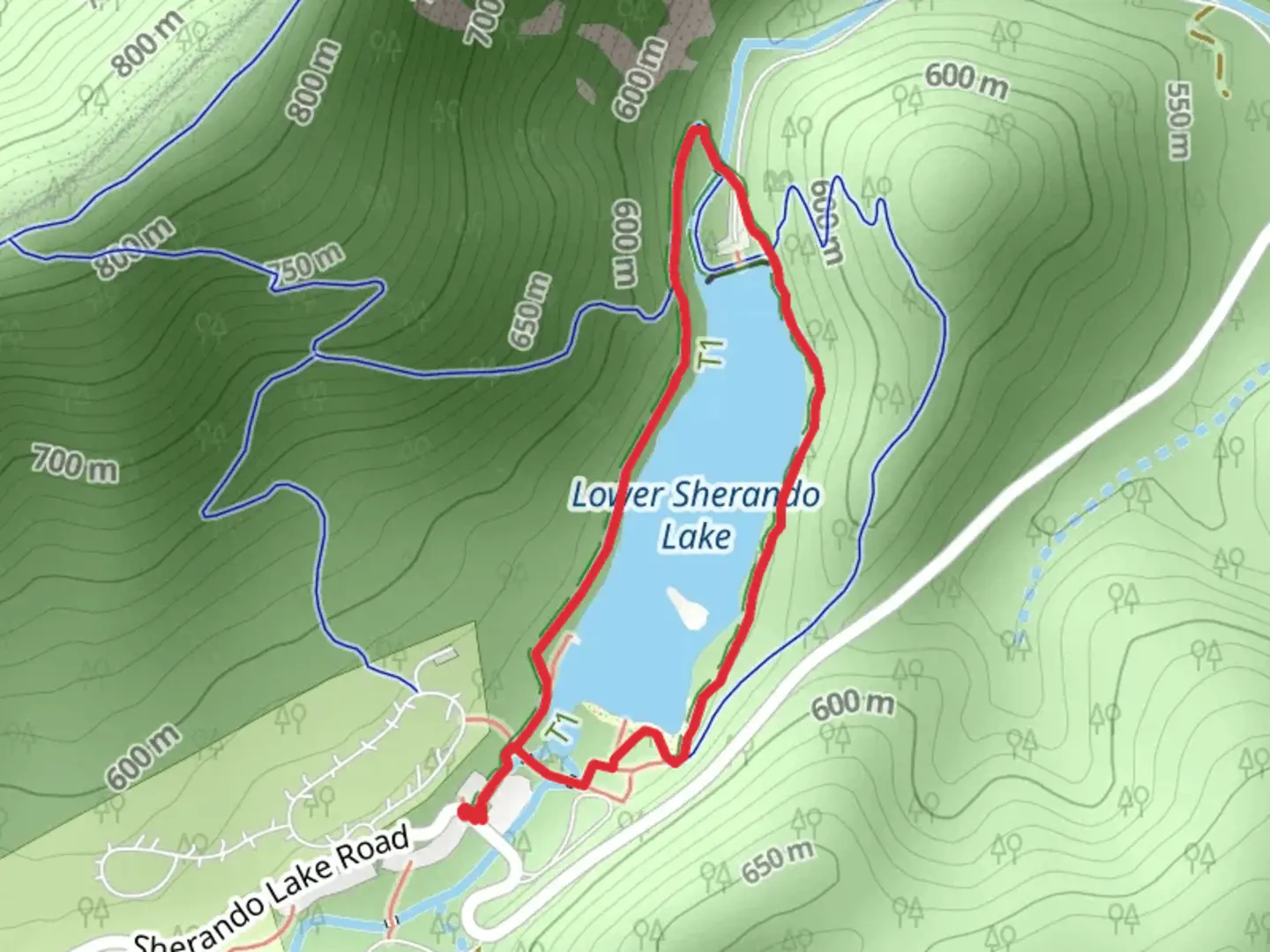 An image depicting the trail Lower Sherando Lakeside Loop Trail and its surrounding area.