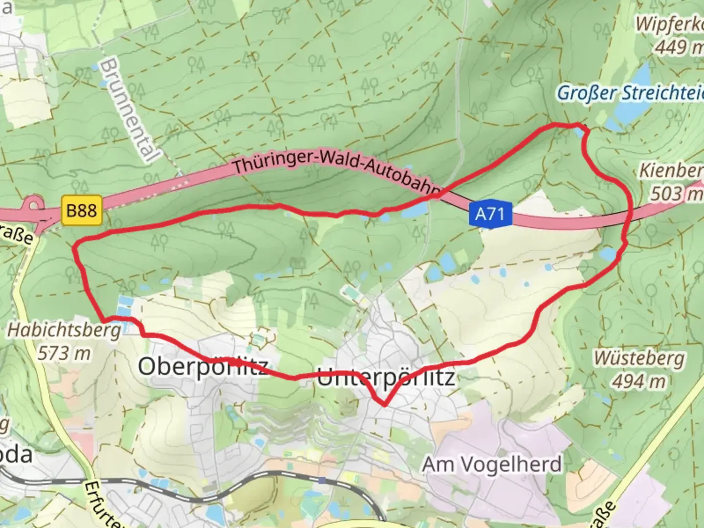 An image depicting the trail Hirtenbuschteiche and Grosser Schwemmteich via Rundwanderweg Poerlitz and its surrounding area.