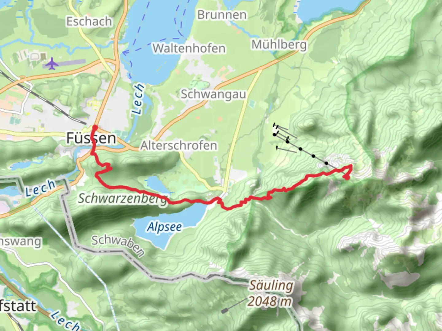 An image depicting the trail Tegelberg to Füssen via Himmelsstuermer Route and Alpsee and its surrounding area.