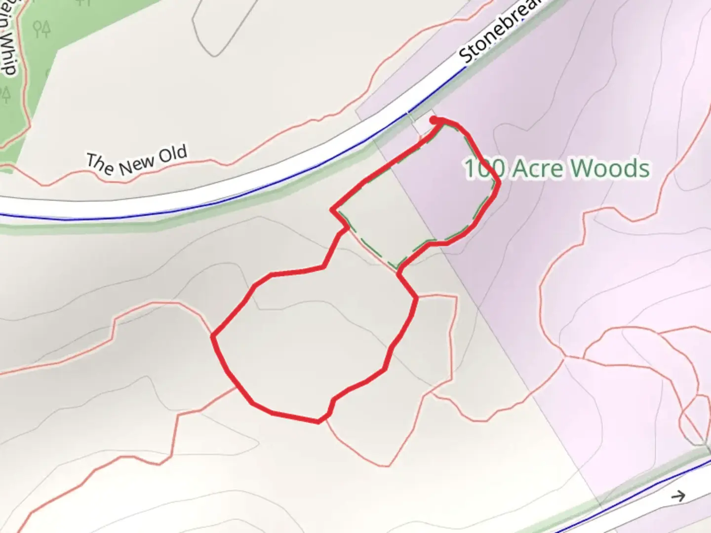 An image depicting the trail Hundred Acre Woods Loop and its surrounding area.