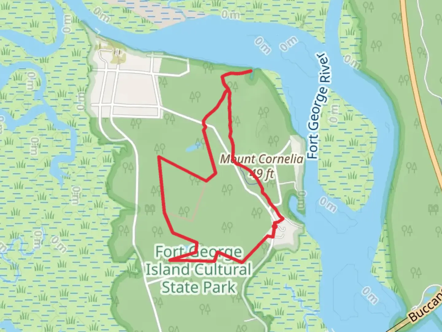 An image depicting the trail Fort George Island Cultural State Park Trail Loop and its surrounding area.