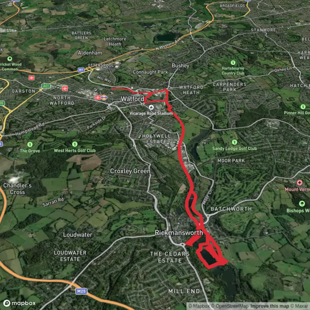 An image depicting the trail Croxley Lake, Broadacres Lake and Oxhey Dell Walk and its surrounding area.