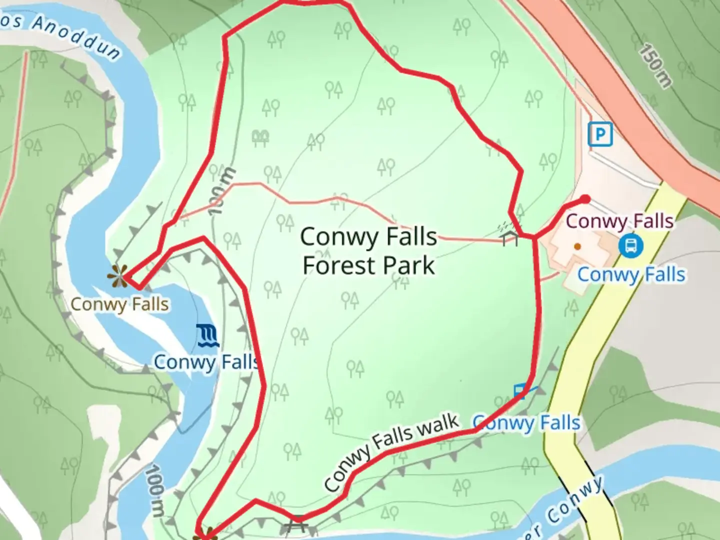 An image depicting the trail Conwy Falls Loop and its surrounding area.