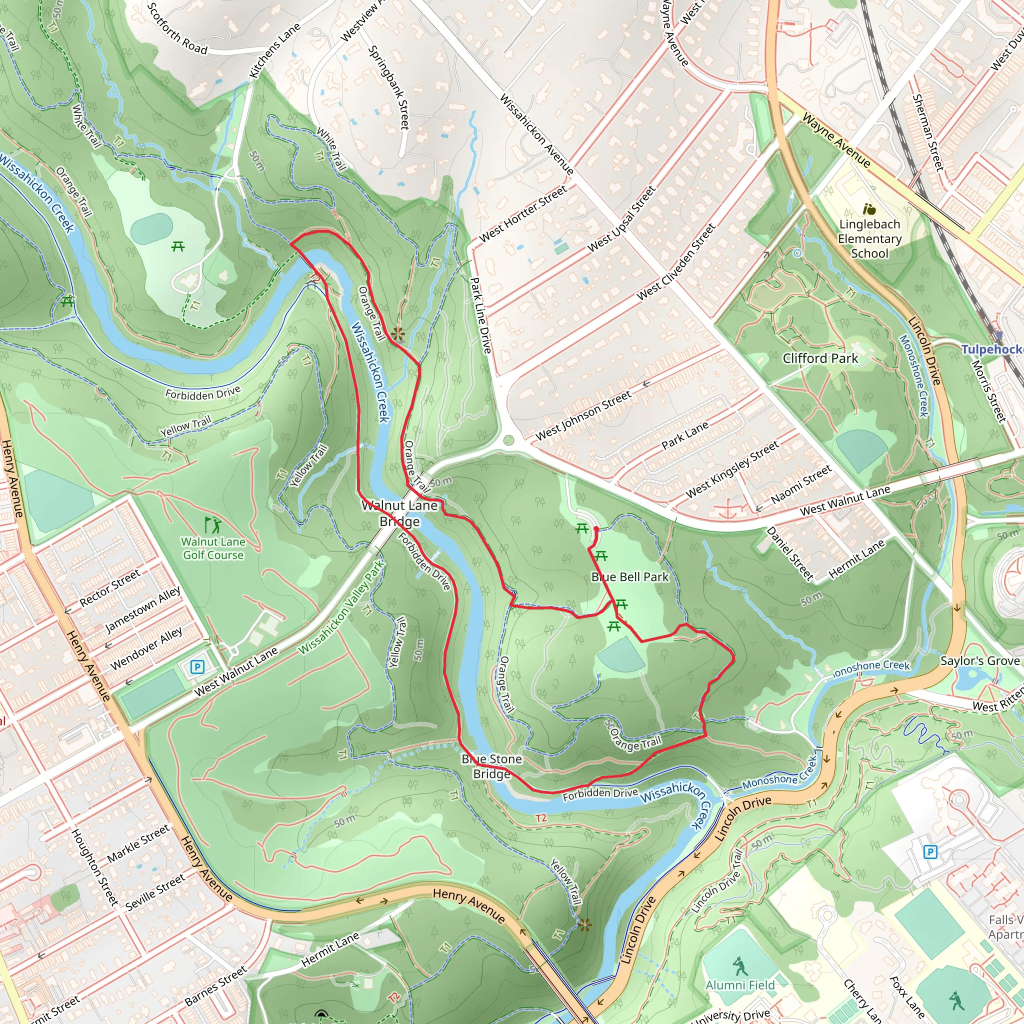 Wissahickon Creek via Orange Trail and Forbidden Road mobile static map
