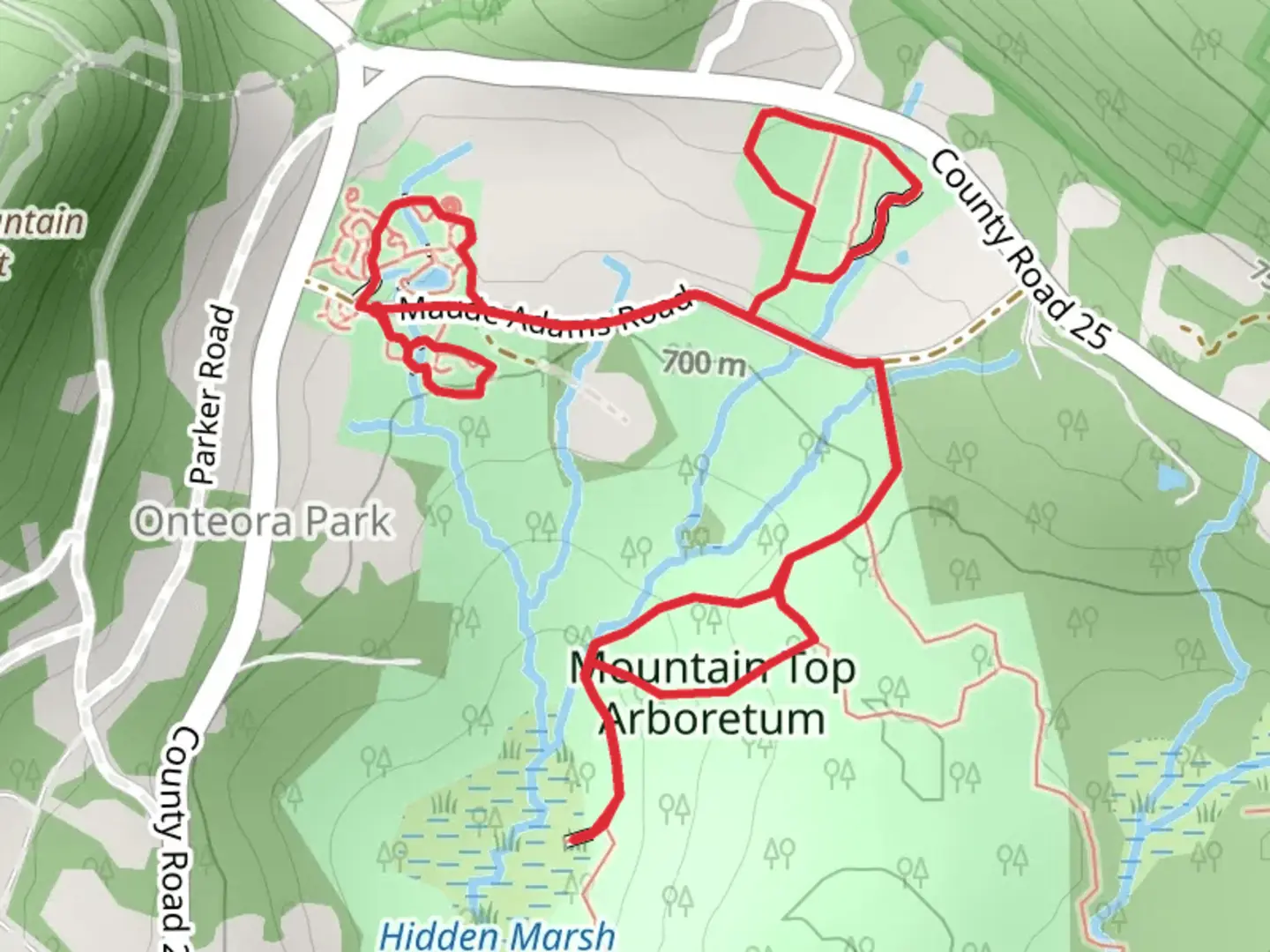 An image depicting the trail Onteora Park Loop and its surrounding area.