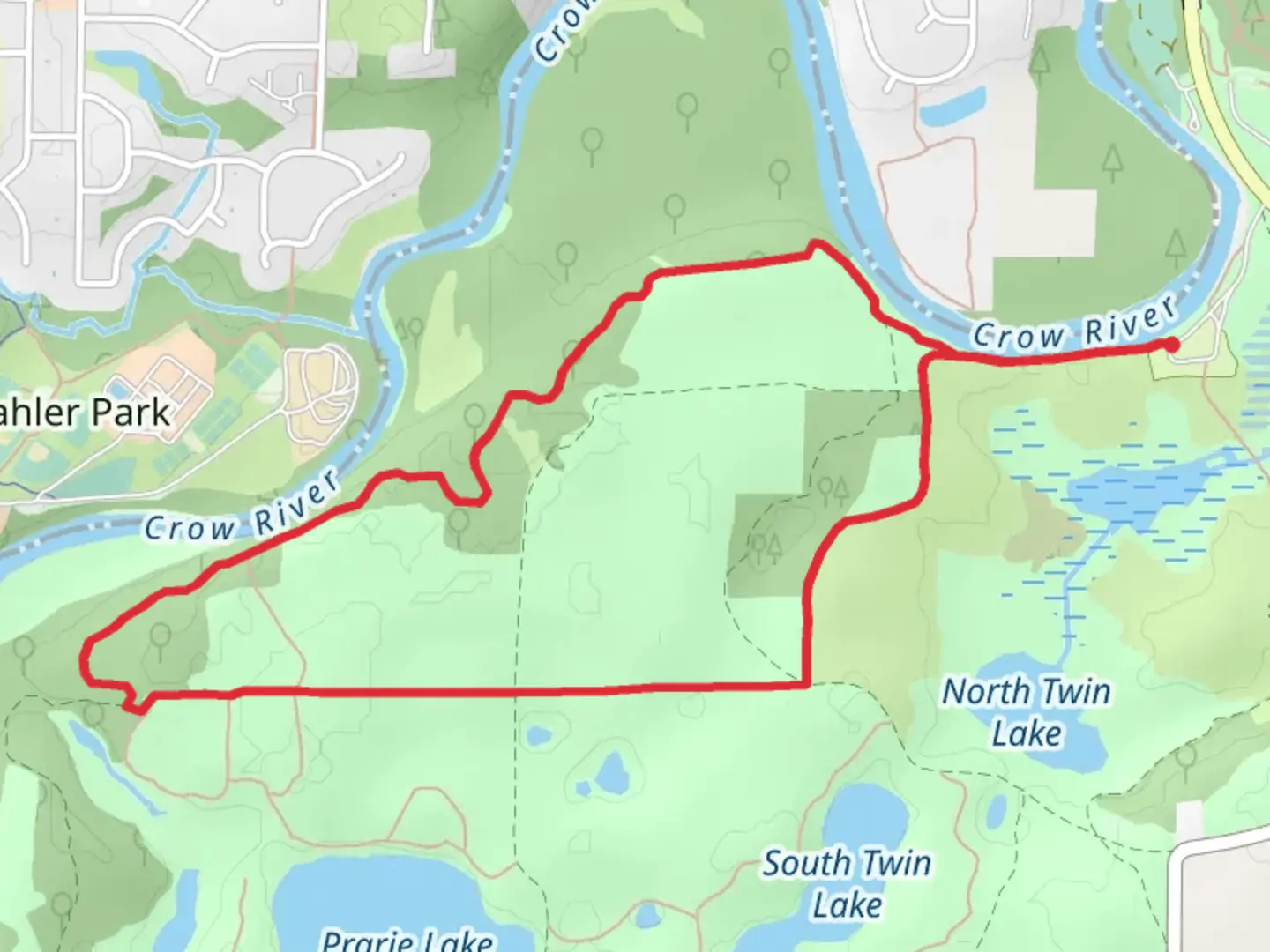 An image depicting the trail Loop around Crow River from Riverbend Campsite and its surrounding area.