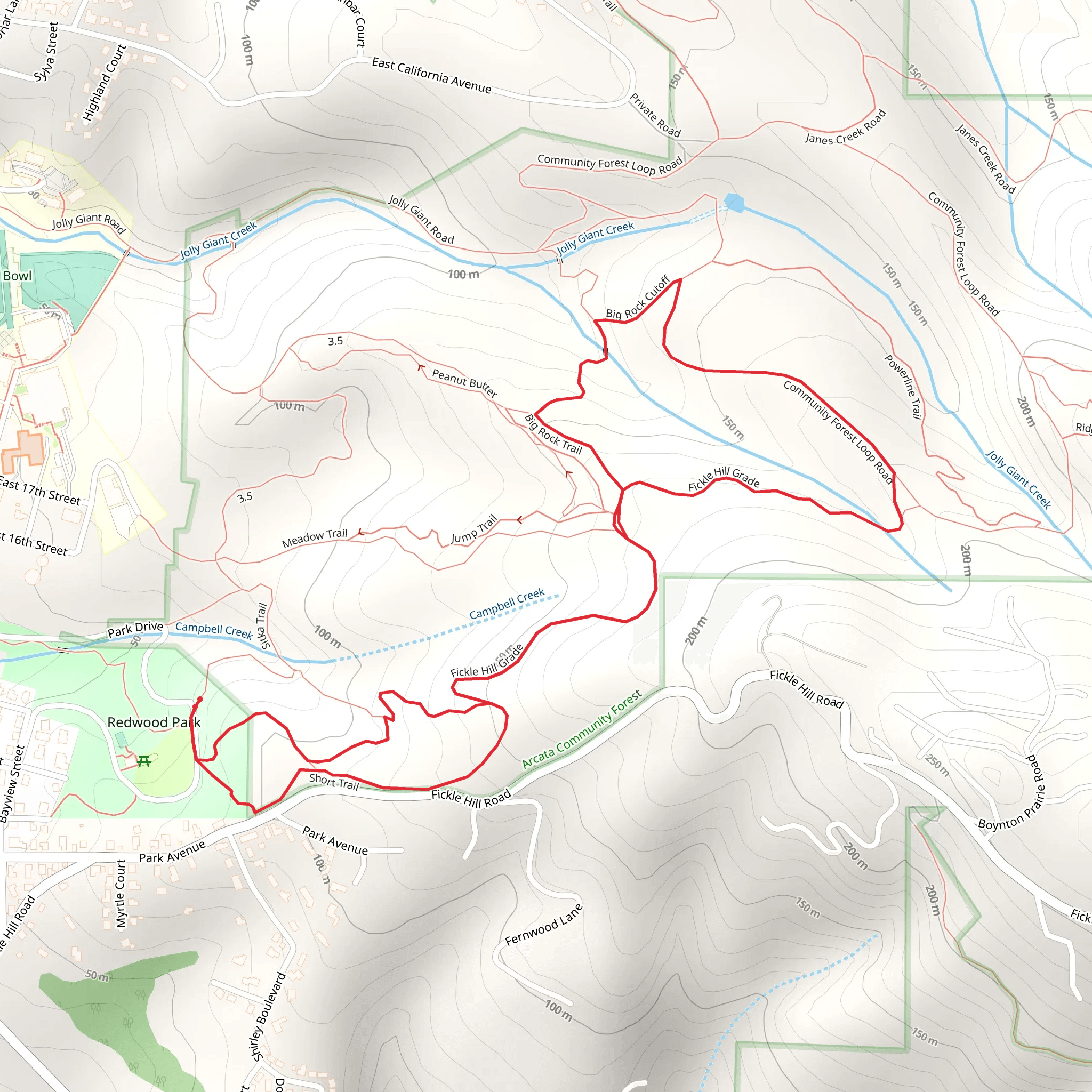 Redwood Park Road, Fickle Hill Grade and Community Forest Loop mobile static map