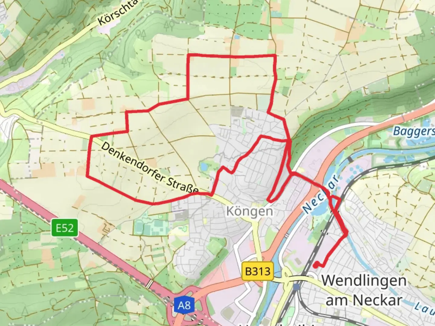 An image depicting the trail Neckar via Köngen - Wolfschlugen and Berkheim and its surrounding area.