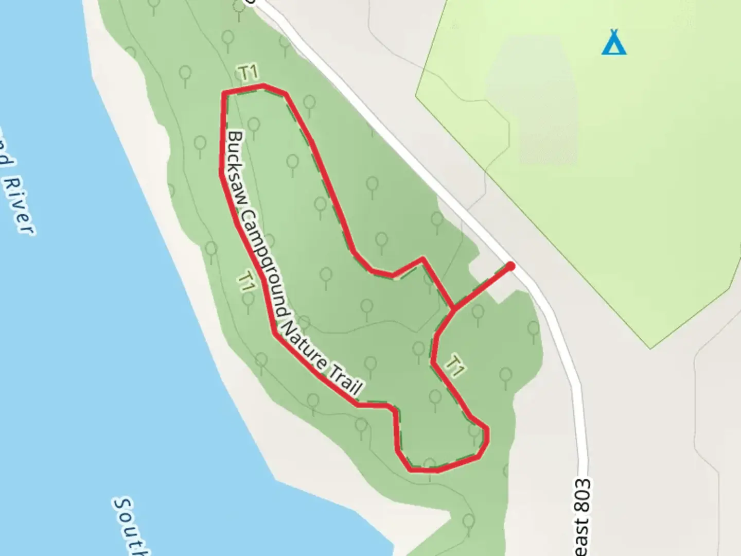 An image depicting the trail Bucksaw Campground Nature Loop Trail and its surrounding area.