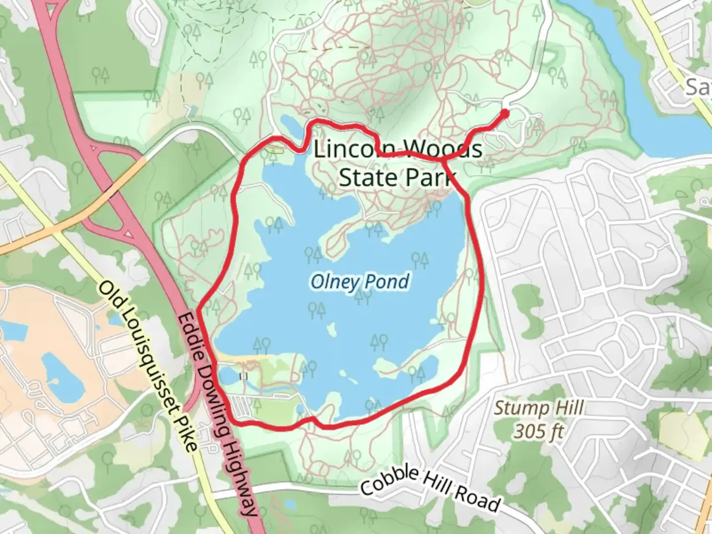 An image depicting the trail Olney Pond Loop and its surrounding area.