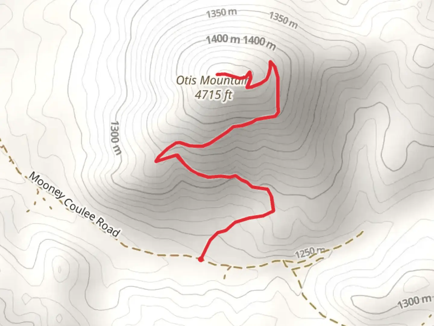 An image depicting the trail Otis Mountain from Mooney Coulee Road and its surrounding area.