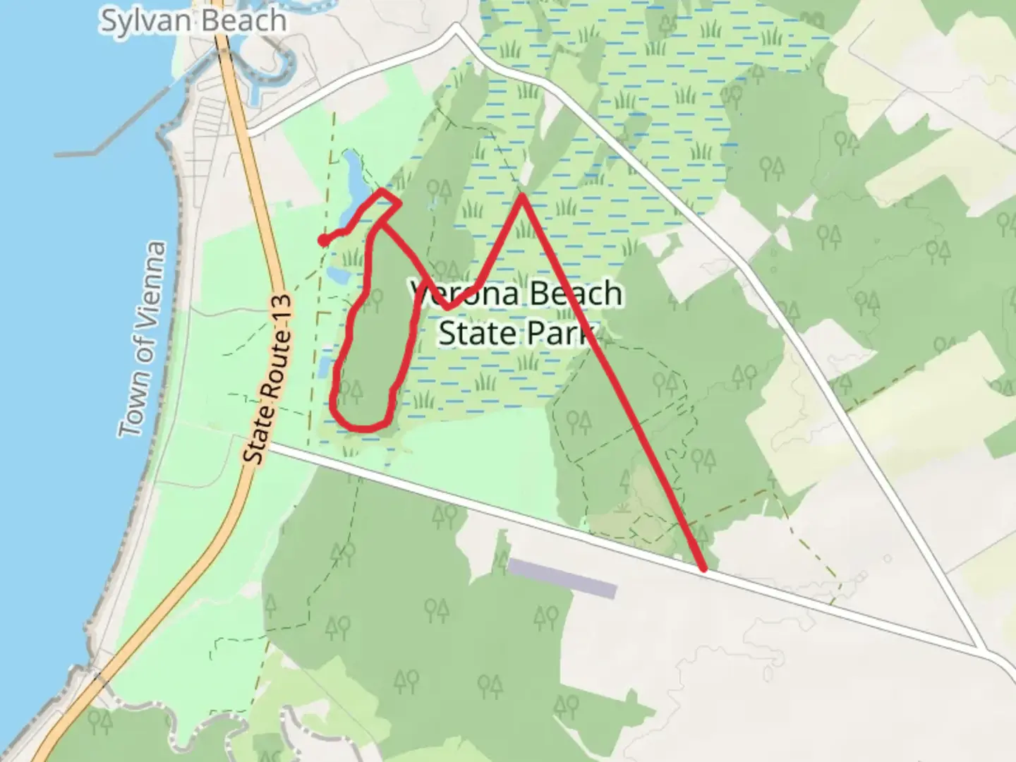 An image depicting the trail Verona Beach State Park Loop Trail and its surrounding area.