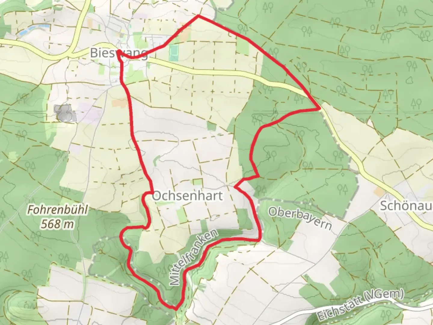 An image depicting the trail Ortswanderweg Pappenhein 14 and its surrounding area.