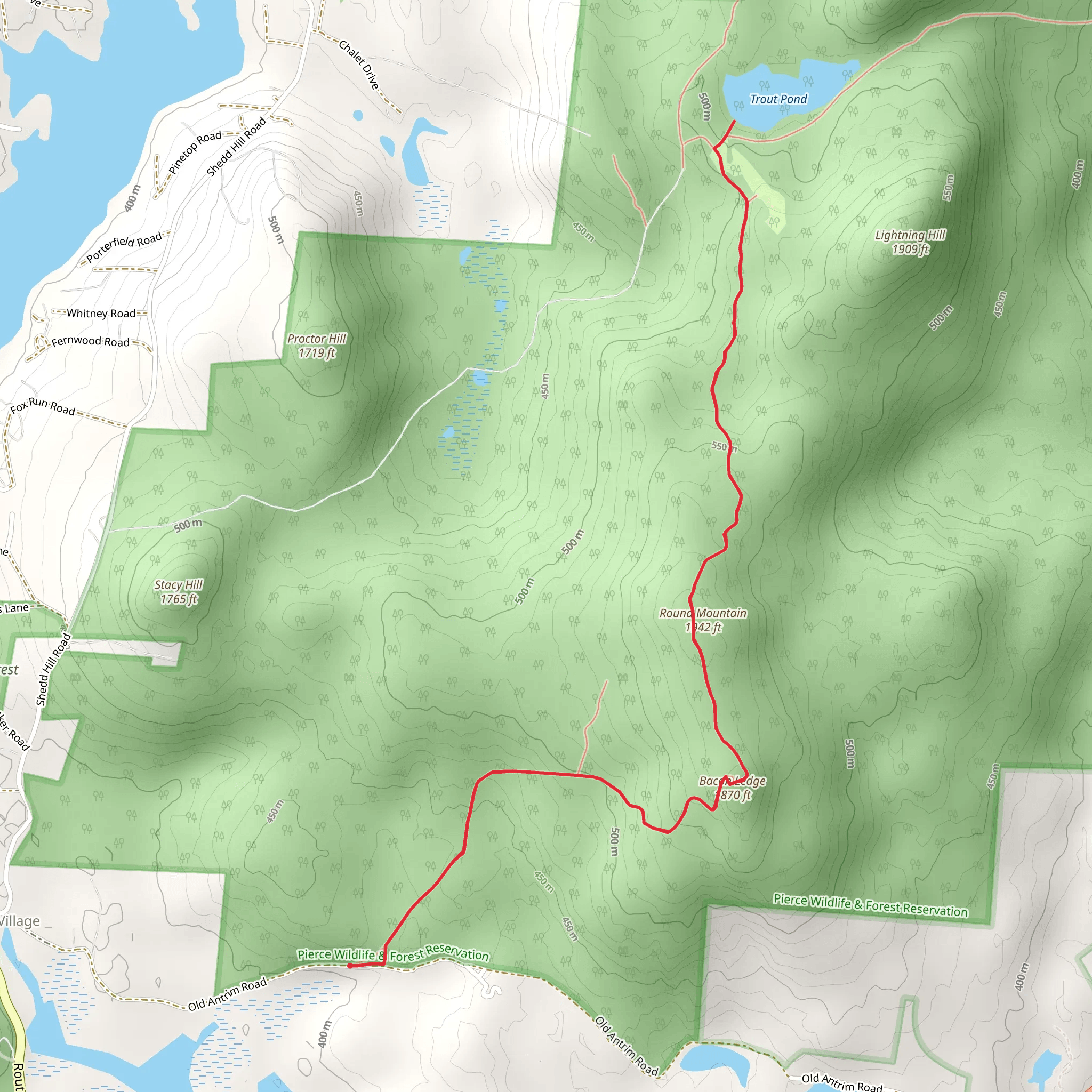 Trout Pond via Round Mountain and Bacon Ledge Trail mobile static map