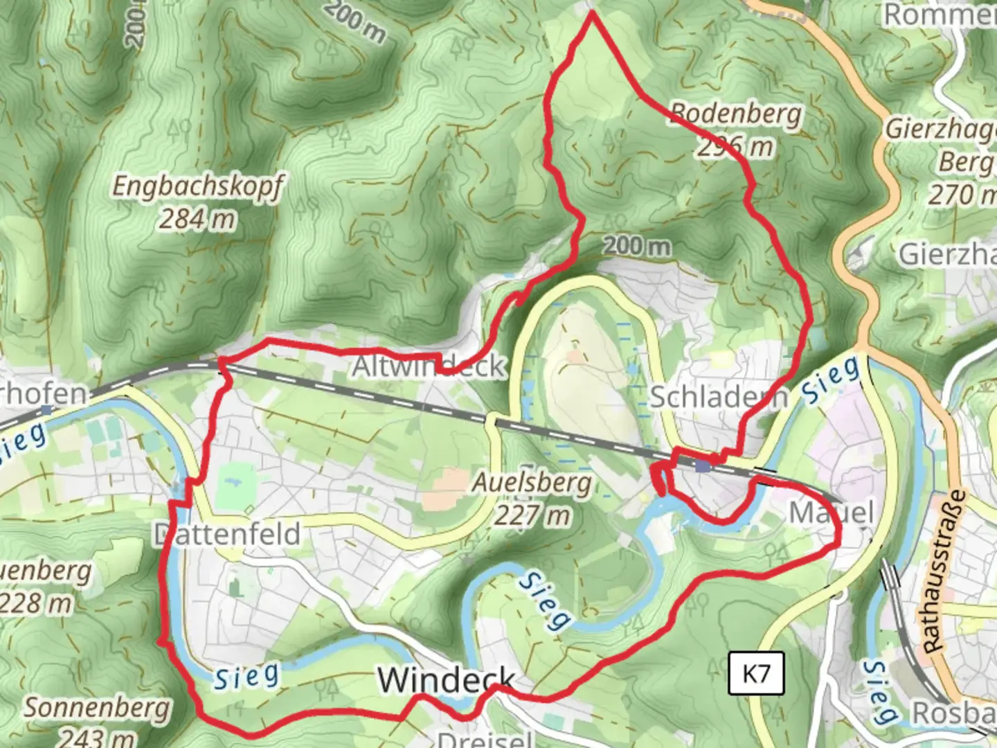 An image depicting the trail Sieg and Hoeffers Teich via Schladern Rundweg and Altwindeck Rungweg Dreieck and its surrounding area.