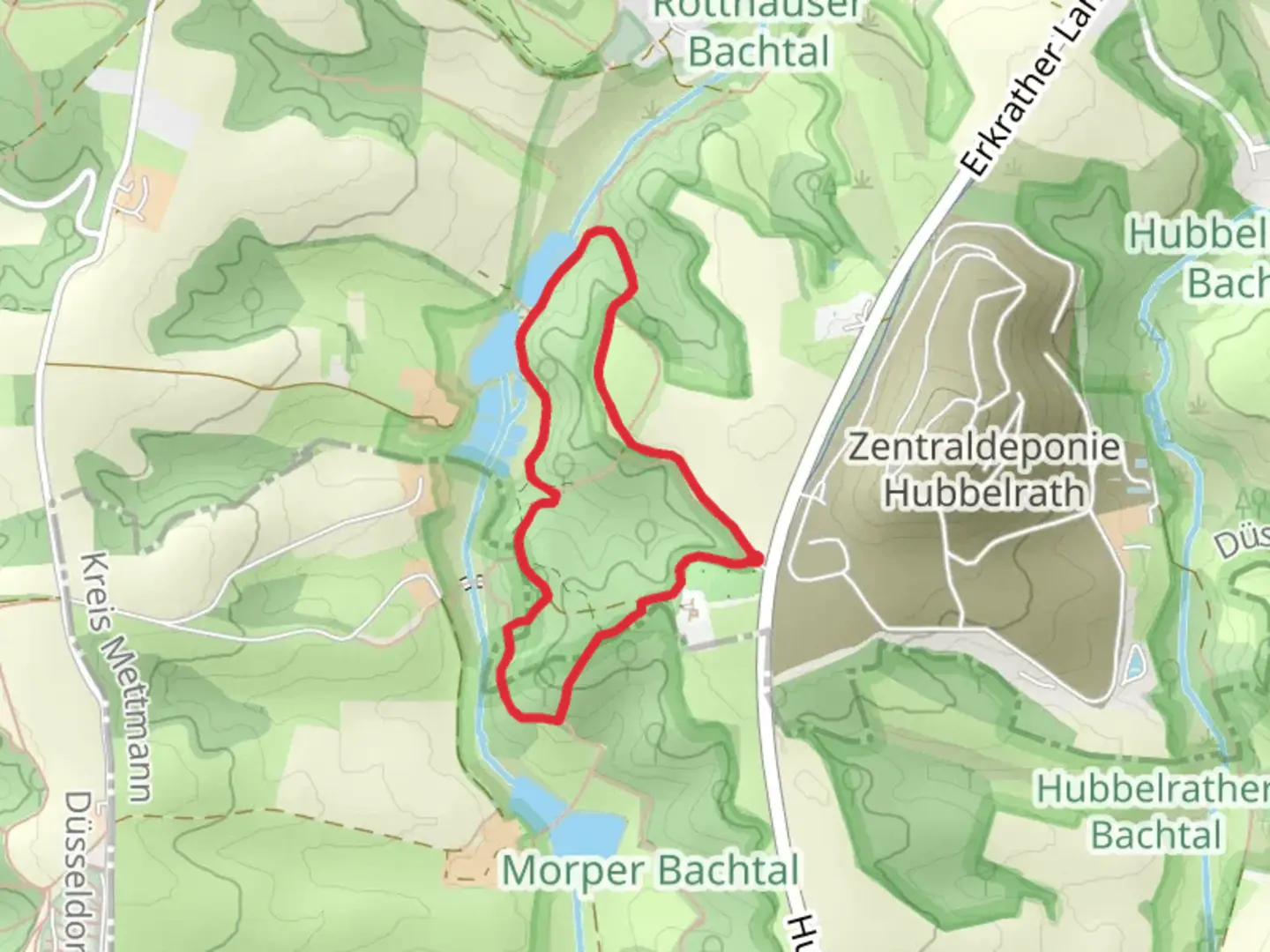An image depicting the trail Rotthaeuser Bach via Duesseldorfer Weg and its surrounding area.
