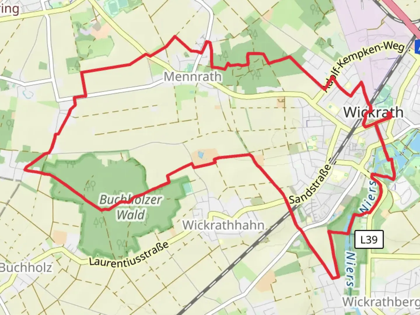 An image depicting the trail Schlossteich via Residenzweg and Wickrather Wald and its surrounding area.