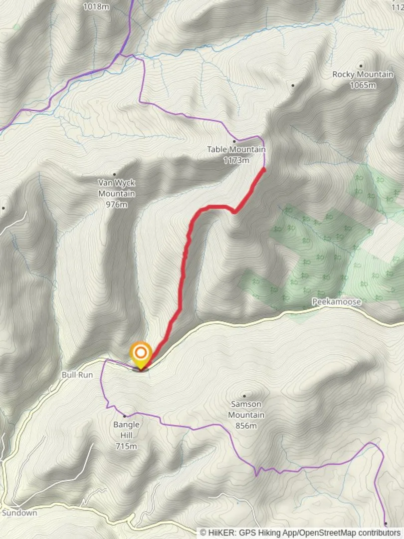 An image depicting the trail Peekamoose Mountain from Peekamoose Road and its surrounding area.