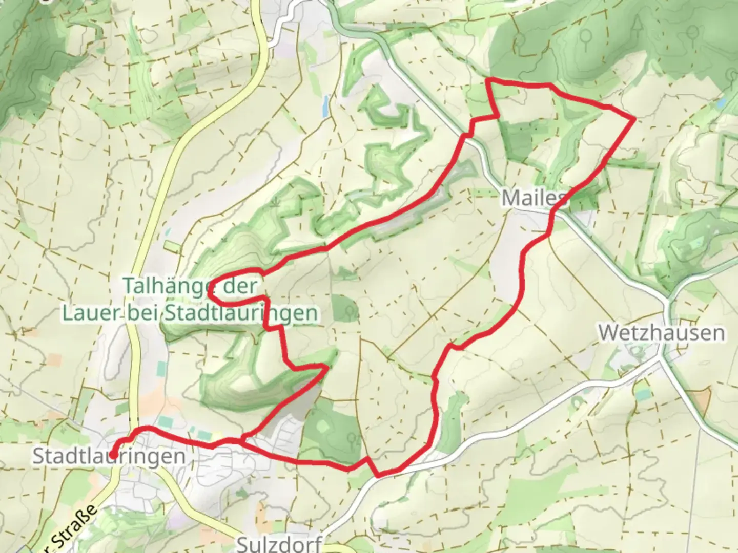 An image depicting the trail Naturschutzweg Stadtlauringen and its surrounding area.