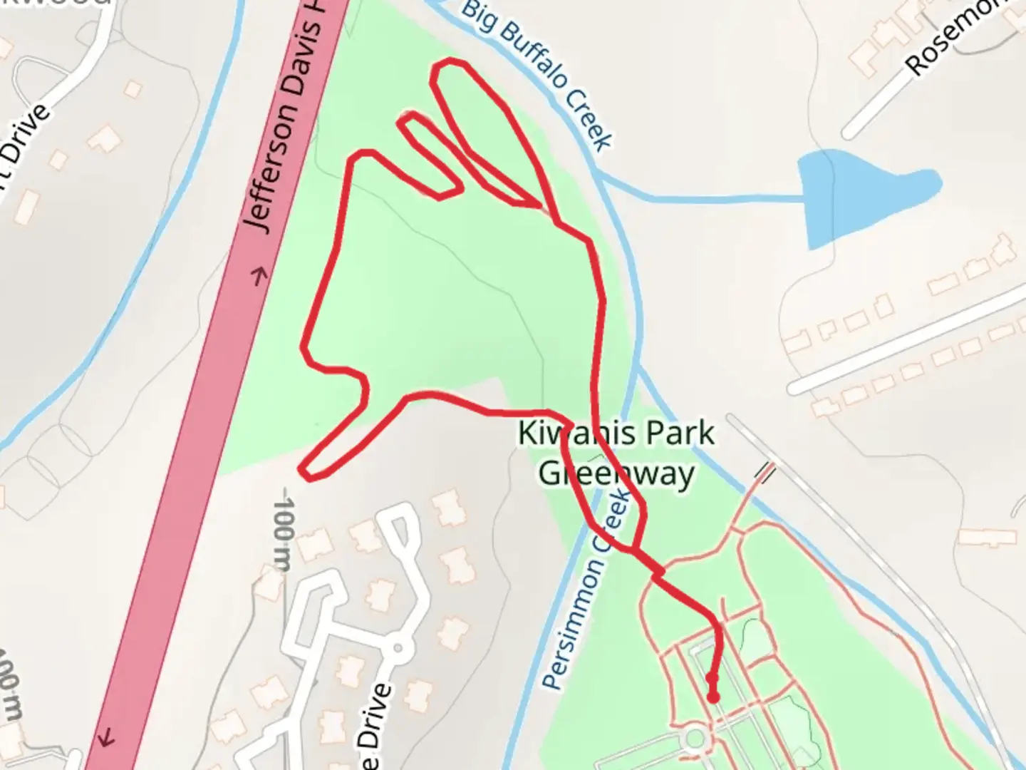 An image depicting the trail Kiwanis Park Greenway Loop and its surrounding area.