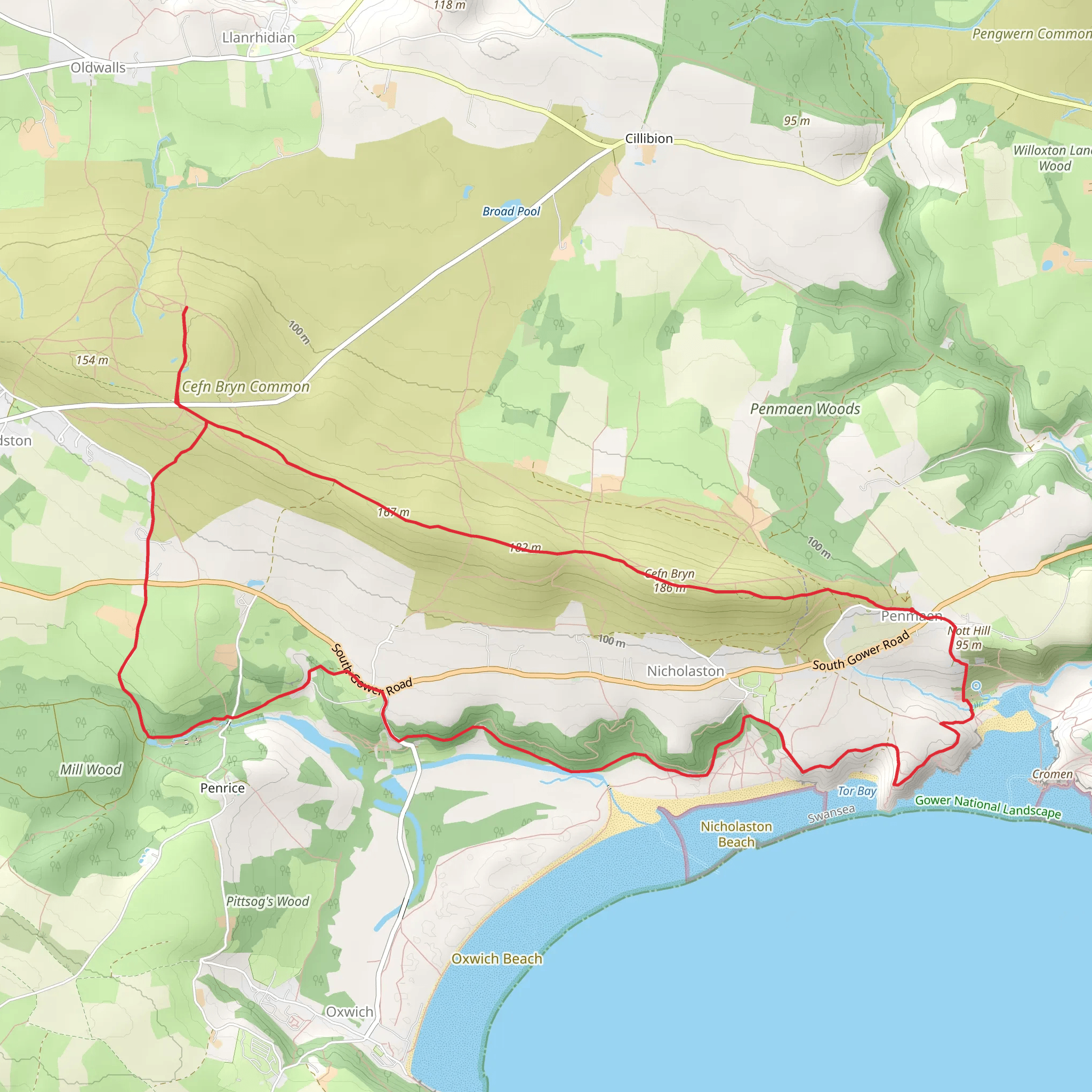 Cefn Bryn and Three Cliffs Bay from Penmaen mobile static map
