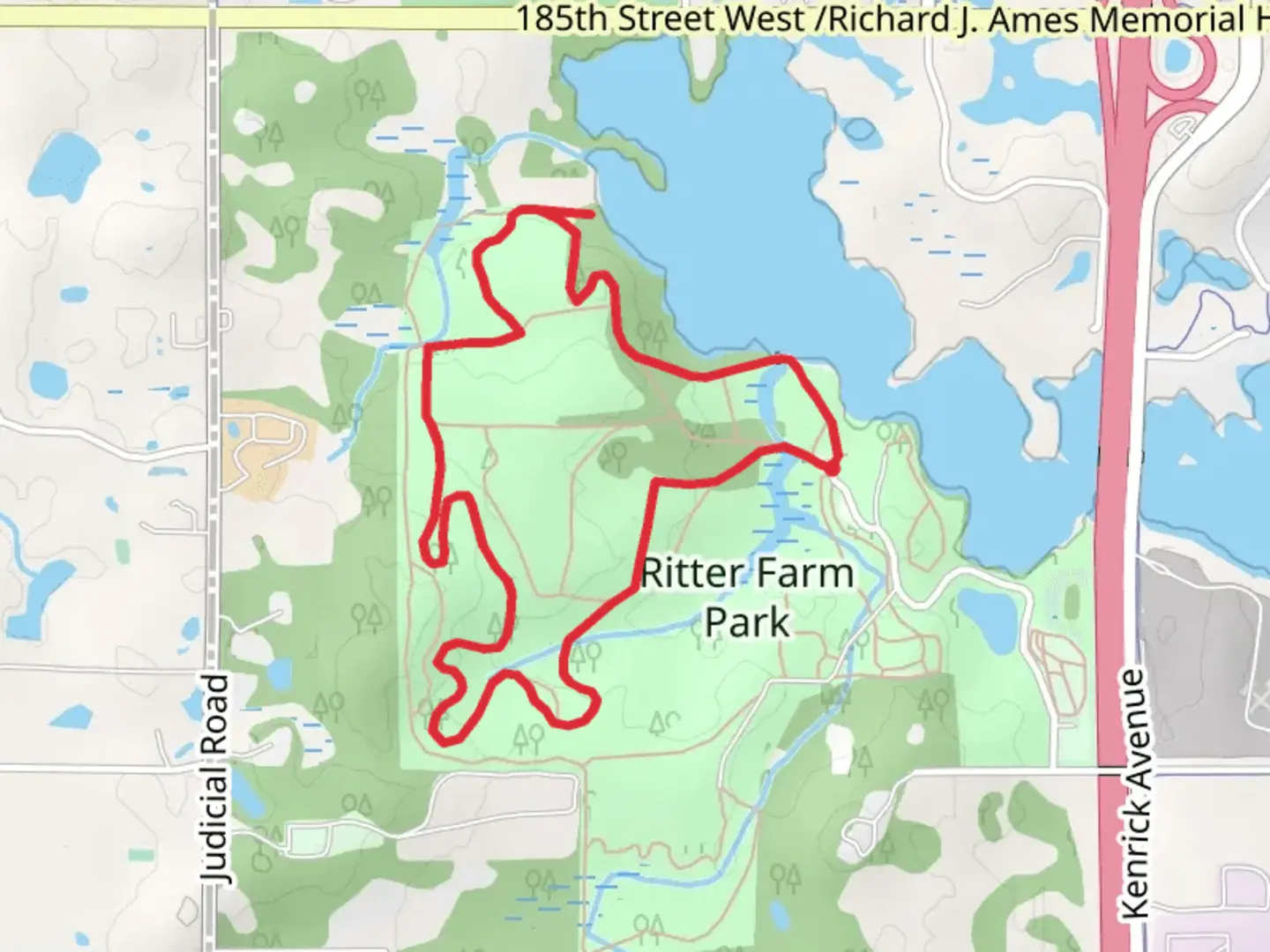 An image depicting the trail Ritter Farm Park Loop and its surrounding area.