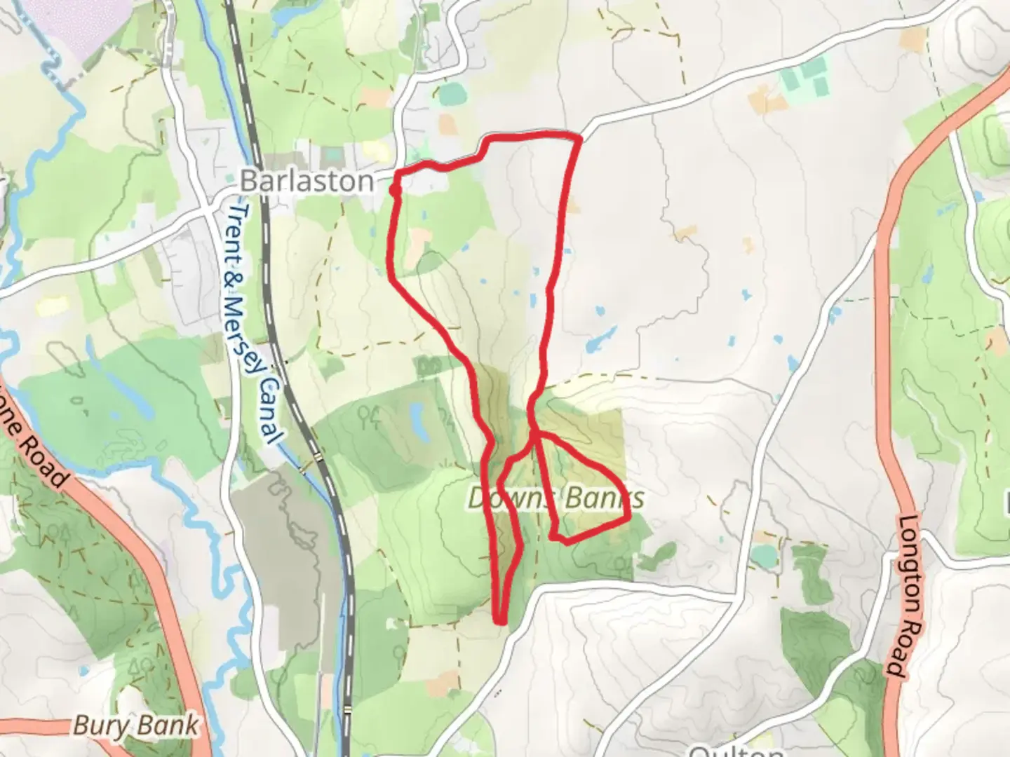 An image depicting the trail Barlaston Loop via Millennium Topograph and its surrounding area.