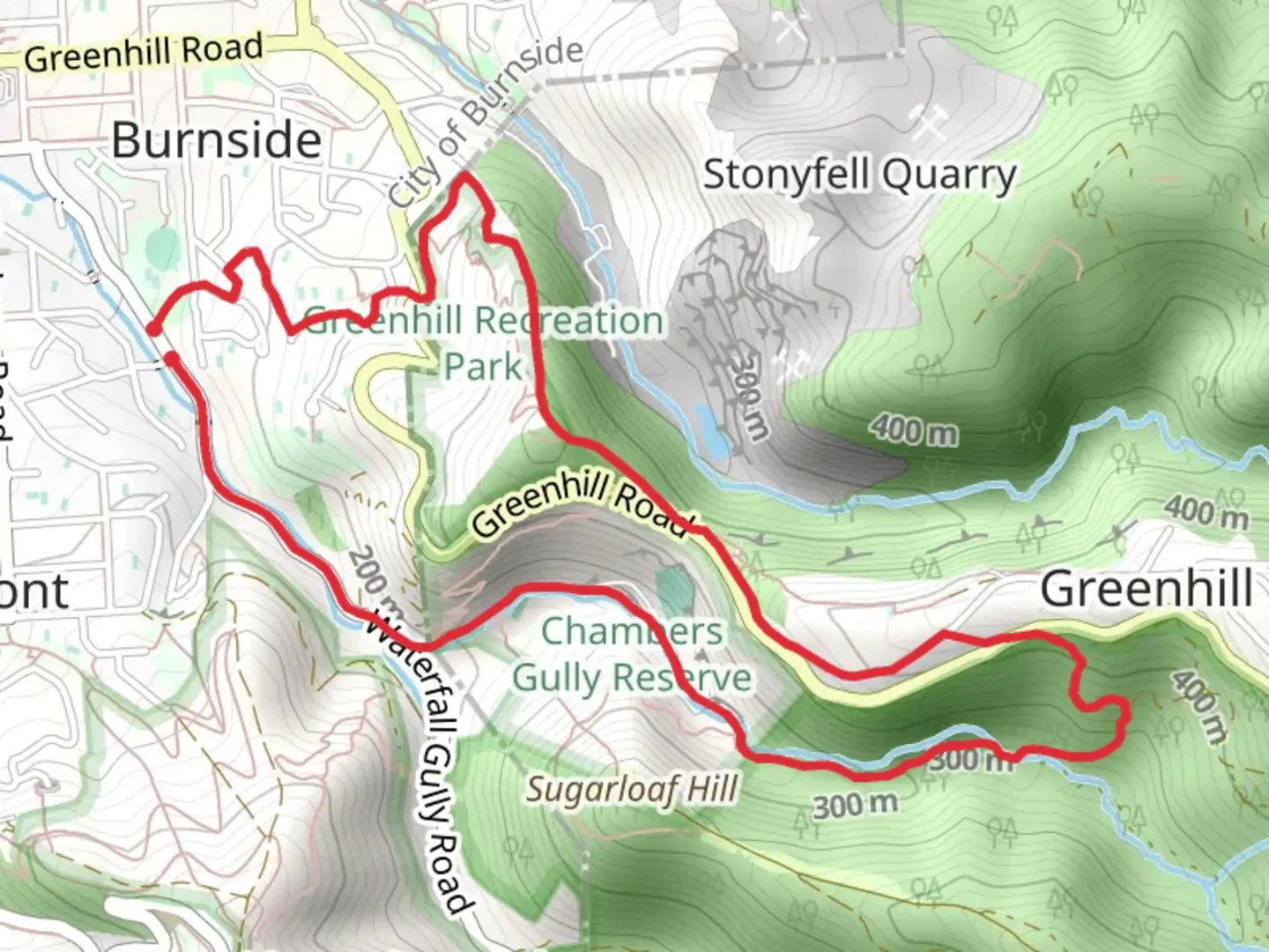 An image depicting the trail Greenhill Recreation Park and Chambers Gully Walk and its surrounding area.