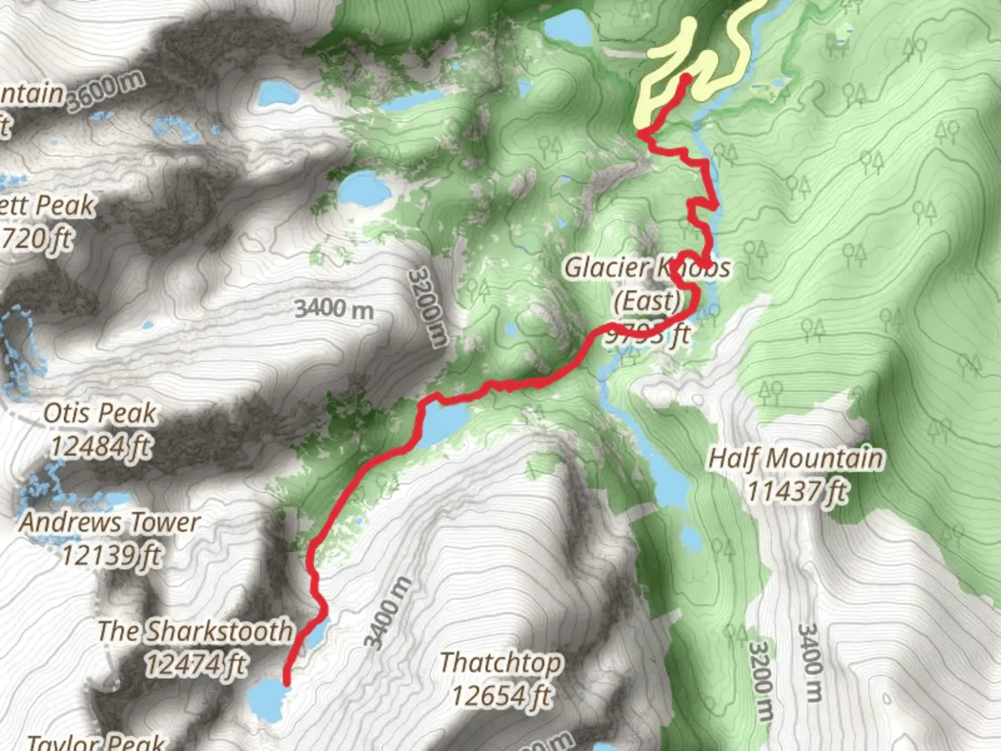 An image depicting the trail Sky Pond, Lake of Glass and The Loch via Glacier Gorge Trail and its surrounding area.