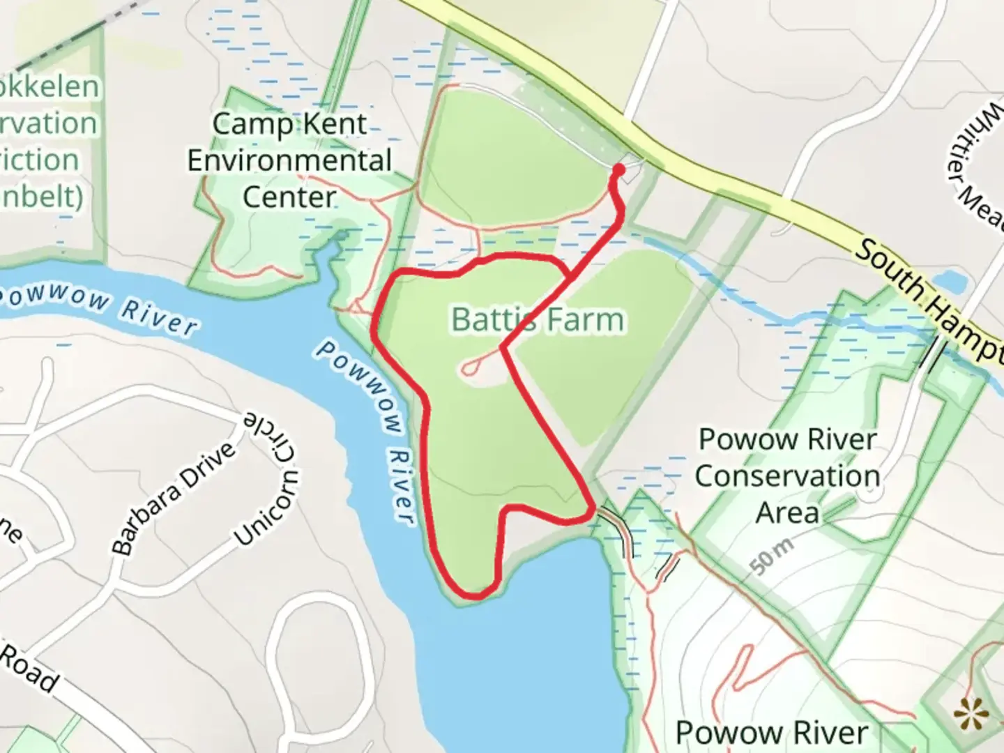 An image depicting the trail Battis Farm Loop Trail and its surrounding area.