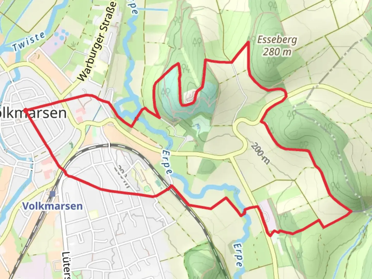 An image depicting the trail Volkmarsen V3 Loop and its surrounding area.