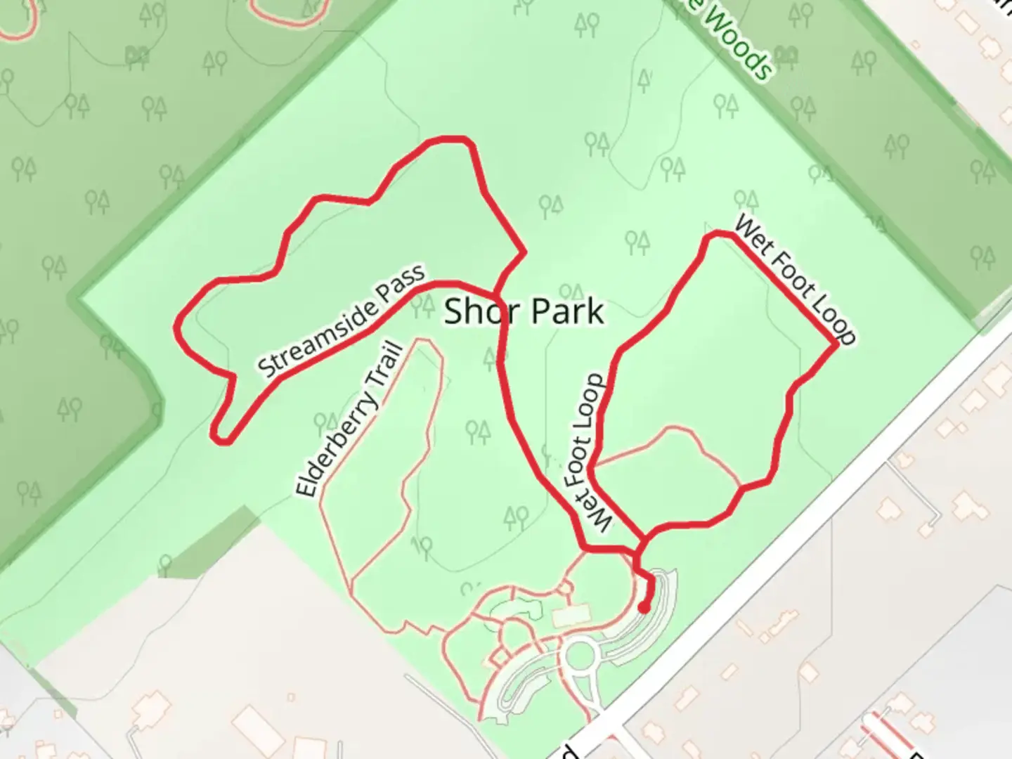 An image depicting the trail Shor Park Loop and its surrounding area.